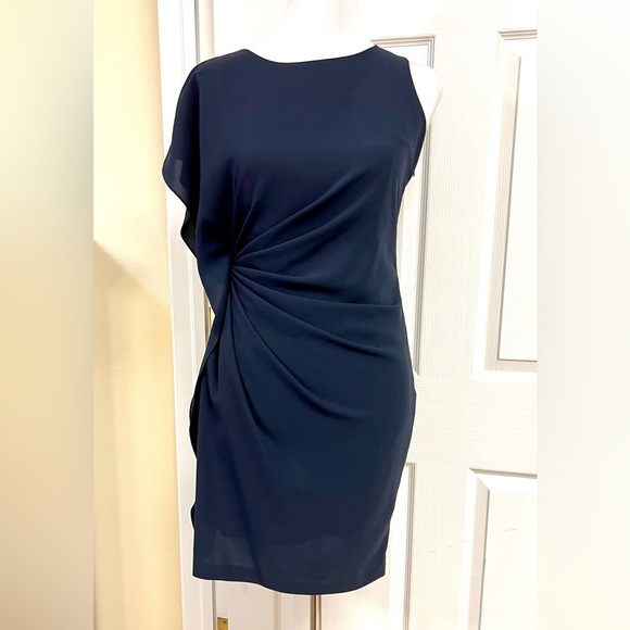 Authentic PRADA Silk Side ruched ruffle asymmetric mini navy dress womens size 4 - Picture 1 of 9